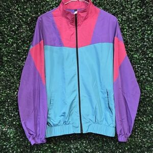 Retro Colorblock Windbreaker Jacket - Turquoise, Purple & Pink